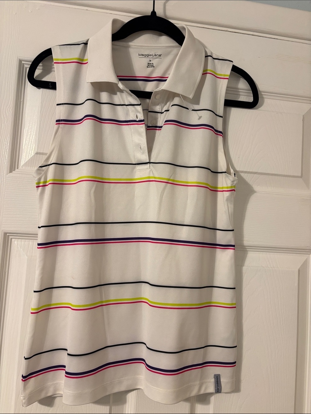 Maggie Lane White Sleeveless Stripe Polo Top